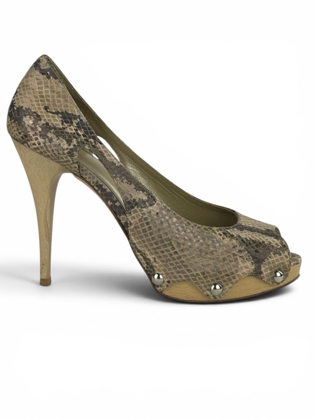 STUART WEITZMAN IRIDESCENT SNAKESKIN PEEP TOE WOOD HEEL PLATFORM HEELS